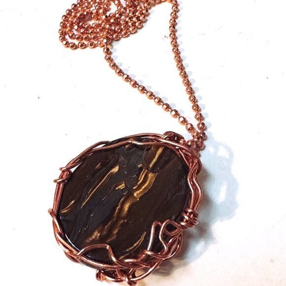 Tigers Eye Pendant Necklace Solid Pure Copper Chain Unisex Handmade Gift Tiger's - Picture 5 of 6